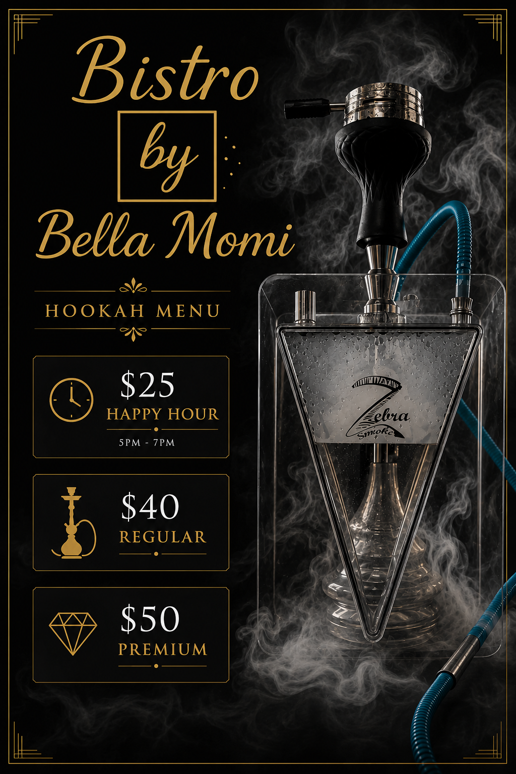 Bistro by Bella Momi hookah menu with happy hour, regular and premium pricing