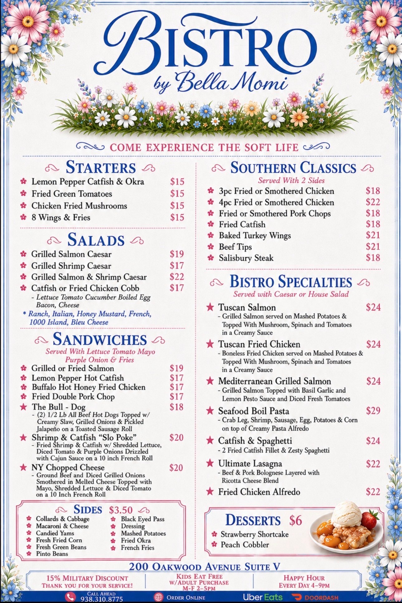 Full printed menu for Bistro by Bella Momi listing starters, salads, sandwiches, Southern classics, Bistro specialties, sides and desserts